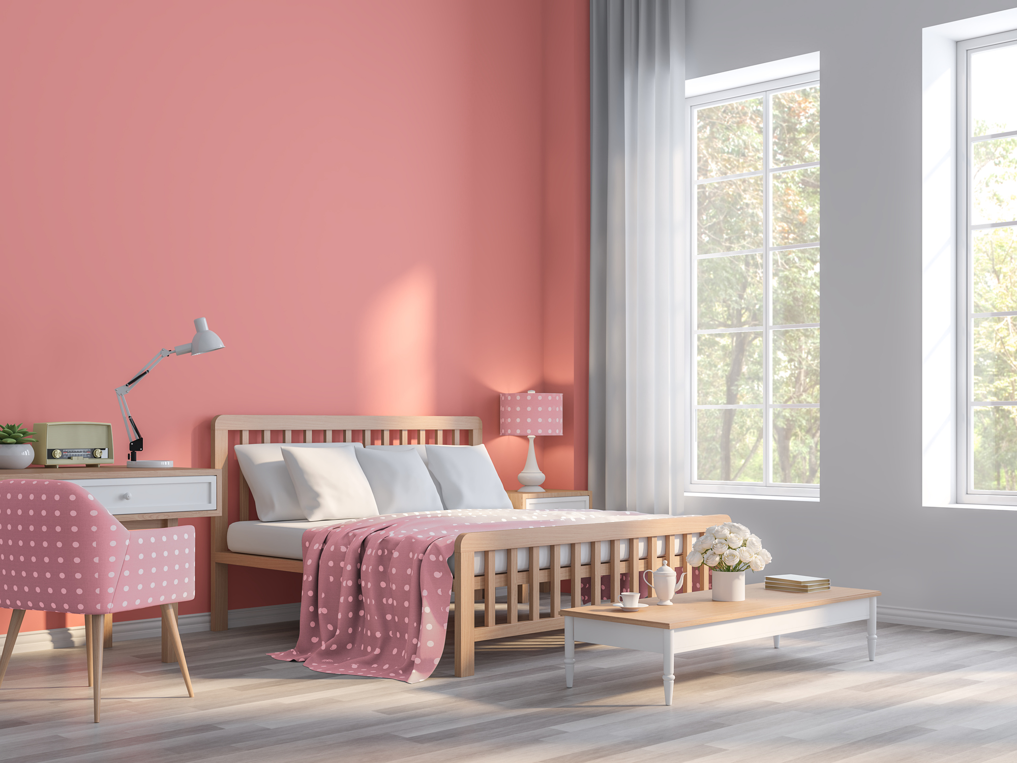 Coral pink bedroom with nature view 3d render,The rooms have wooden floors and Coral pink empty walls,Furnished with pink fabric furniture,There are large window sunlight shining into the room.