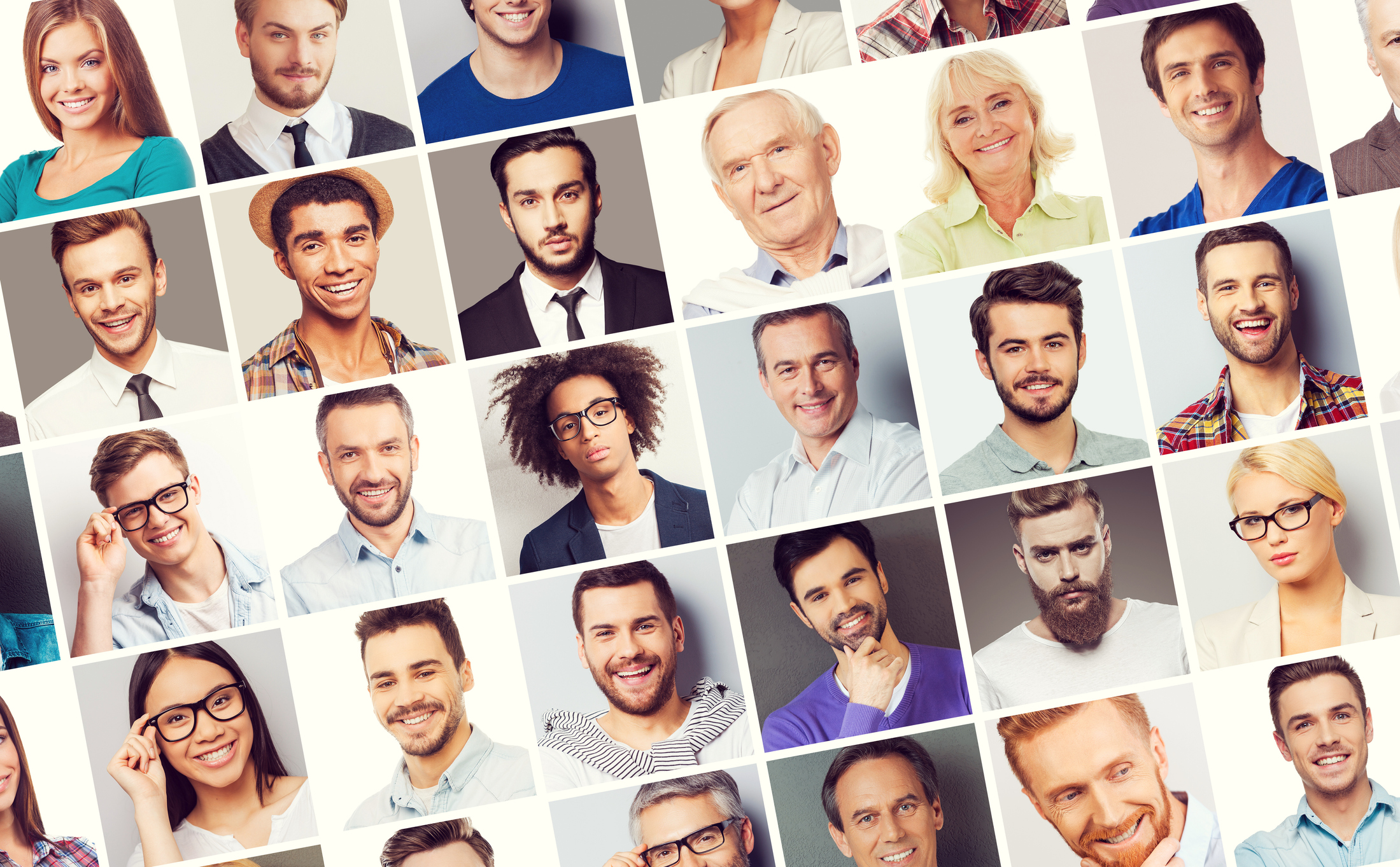 Collage of diverse multi-ethnic and mixed age people expressing different emotions