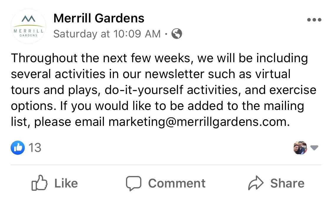 Merrill Gardens facebook post on community activities