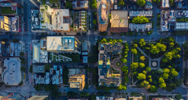 Top down aerial view of Chicago Downtown urban grid with park. Late afternoon light