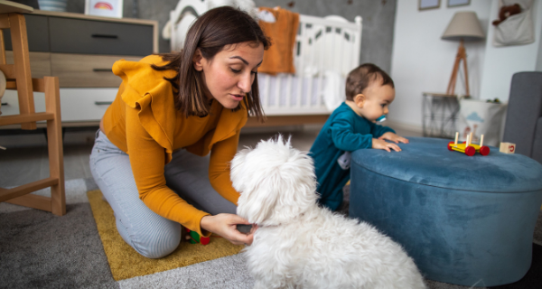 Image of a woman with a dog at home with her family.